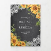 Rustic Chalkboard zonnebloemen QR Code Weddenschap Drieluik Uitnodiging (Cover)