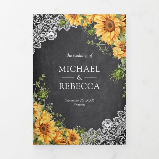Rustic Chalkboard zonnebloemen QR Code Weddenschap Drieluik Uitnodiging (Cover)