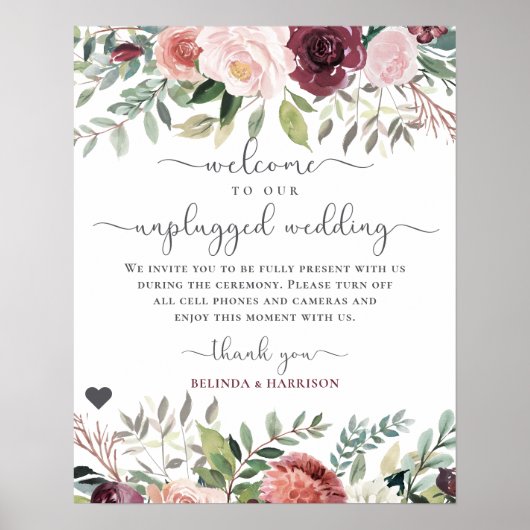 Rustic Charm Burgundy Blush Pink Floral Wedding Poster (Voorkant)