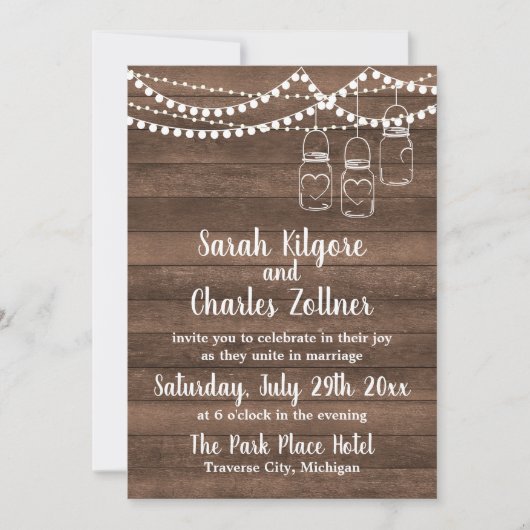 Rustic Charm Mason Jar String Lights Wedding Kaart (Voorkant)