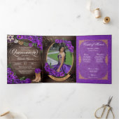 Rustic Charro Royal Paarse Rozen Quinceañera Drieluik Uitnodiging (Binnen)