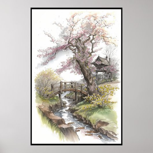 Rustic Cherry Blossom in Spring Landscape Poster (Voorkant)