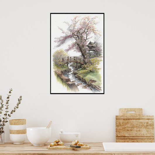 Rustic Cherry Blossom in Spring Landscape Poster (Keuken)