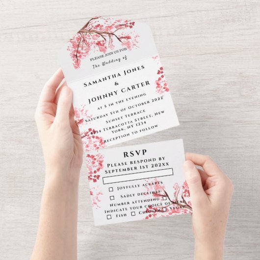 Rustic Cherry Blossom Japanse roze bloemen Sakura All In One Uitnodiging (Afscheurbaar)