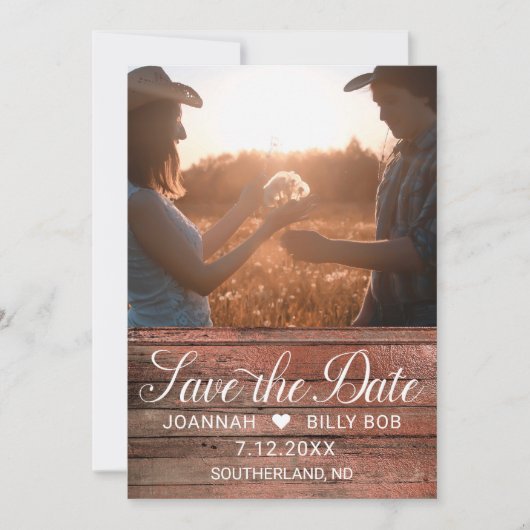 Rustic Cherry Wood White Script Foto Save The Date (Voorkant)