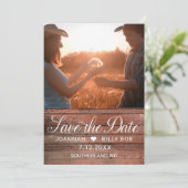 Rustic Cherry Wood White Script Foto Save The Date (Staand voorkant)