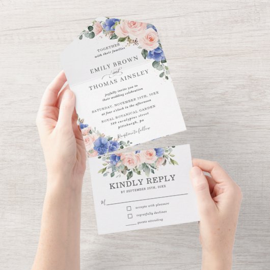 Rustic Chic Blush Blue Floral Greenery Wedding All In One Uitnodiging (Afscheurbaar)