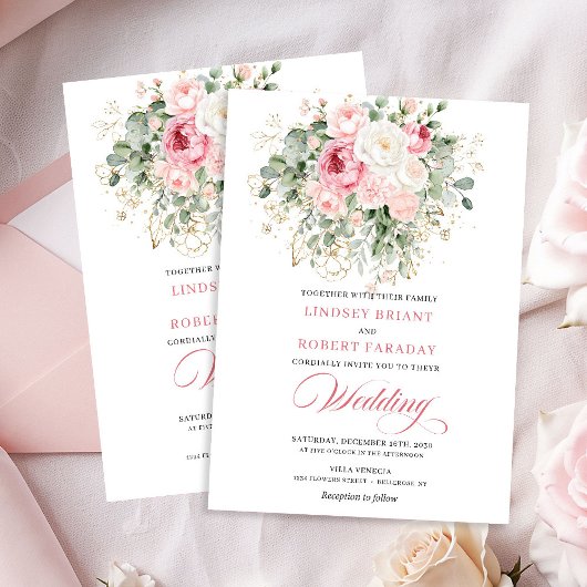 Rustic Chic Blush Roses Wedding Invitation Kaart