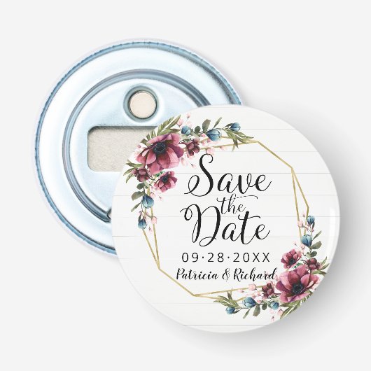 Rustic Chic Burgundy Floral Wedding Save the Date Button Flesopener (Voorkant)