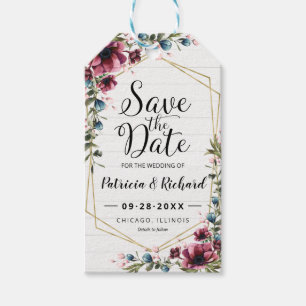 Rustic Chic Burgundy Floral Wedding Save the Date Cadeaulabel