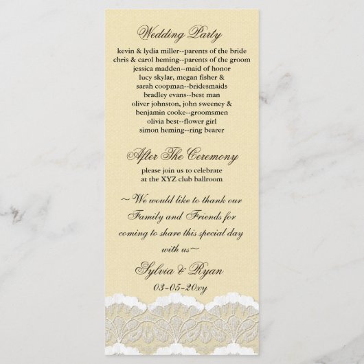 Rustic Chic burlap en lace country bruiloft Programma (Achterkant)