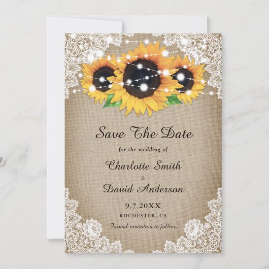 Rustic Chic  Burlap en Lace Sunflower Save The Date (Voorkant)
