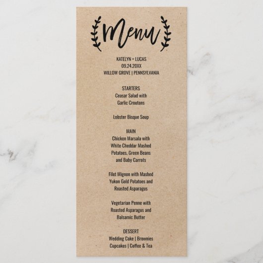 Rustic Chic Faux Kraft Calligraphy Menu Kaart (Voorkant)