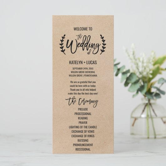 Rustic Chic Faux Kraft Calligraphy Wedding Program Programma (Staand voorkant)