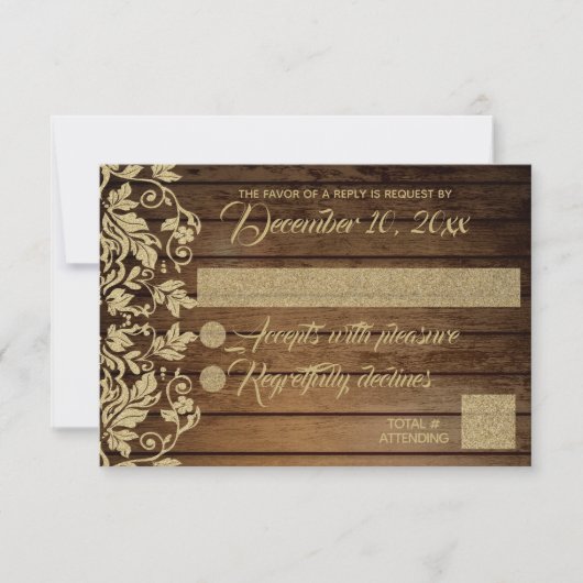 Rustic Chic Gold Damask Response RSVP Kaartje (Voorkant)
