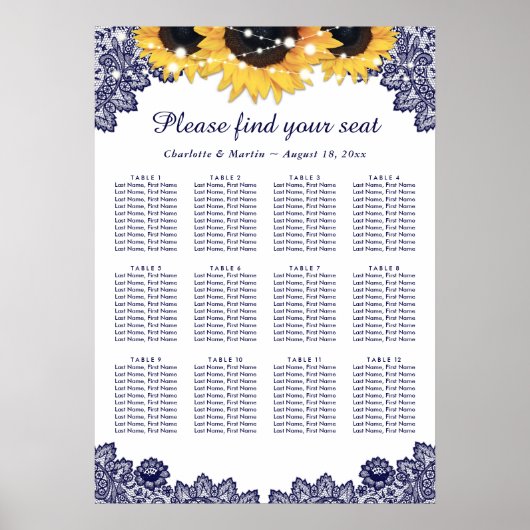 Rustic Chic Navy Blue Sunflower Seating Chart 12 Poster (Voorkant)