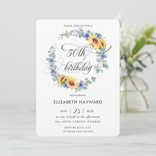 Rustic Chic Sunflower Blue Floral 50th Birthday Kaart (Staand voorkant)