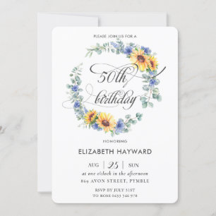 Rustic Chic Sunflower Blue Floral 50th Birthday Kaart