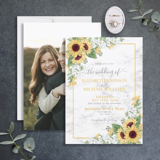 Rustic Chic Sunflower & Grey Floral Photo Wedding Kaart