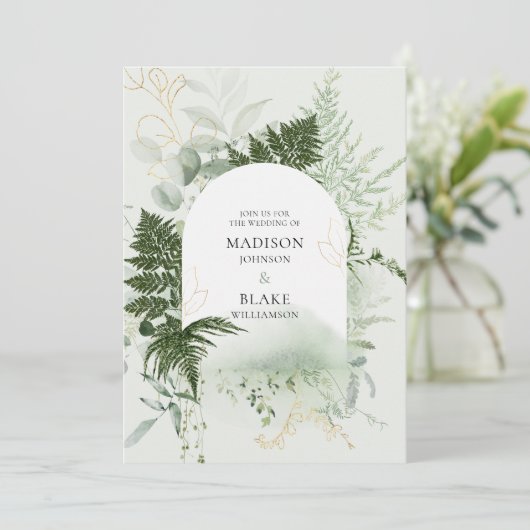 Rustic Chic Wild Forest Fern Greenery Wedding Invi Kaart (Staand voorkant)