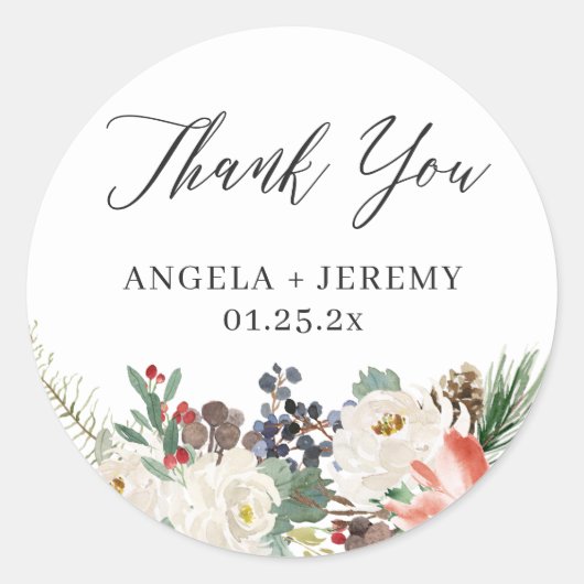 Rustic Chic Winter Floral Wedding Bedankt Ronde Sticker (Voorkant)