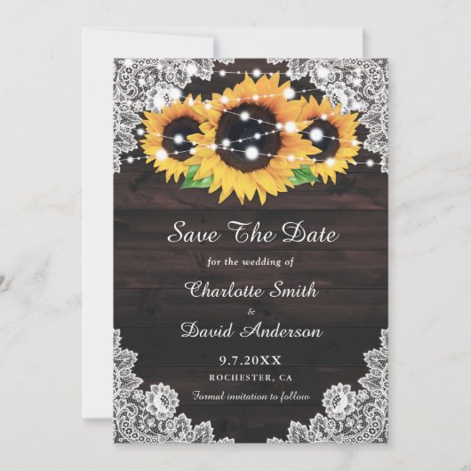 Rustic Chic Wood Lace Sunflower Wedding Save The Date (Voorkant)