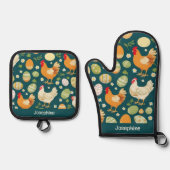 Rustic Chicken & Easter Eggs Kitchen Custom Name Ovenwant & Pannenlap Set (Voorkant)