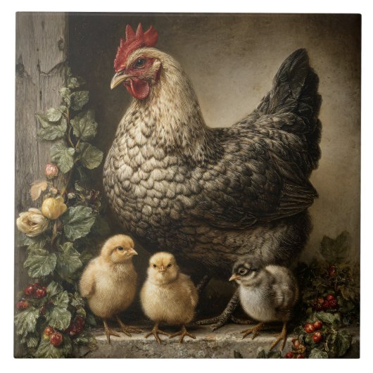 Rustic Chicken Hen with Chicks Tegeltje (Voorkant)