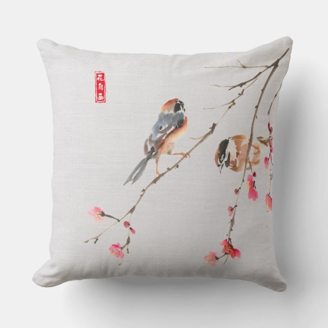 Rustic Chinoiserie Waterverf Bird Flower Painting Kussen (Voorkant)
