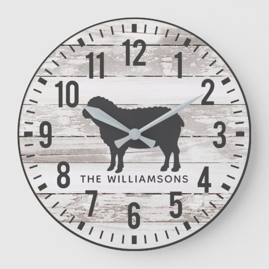 Rustic Chippy Planks Custom Family Name Sheep Grote Klok (Voorkant)