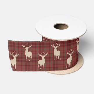 Rustic Christmas Deer Pattern Red Satin Ribbon Lint