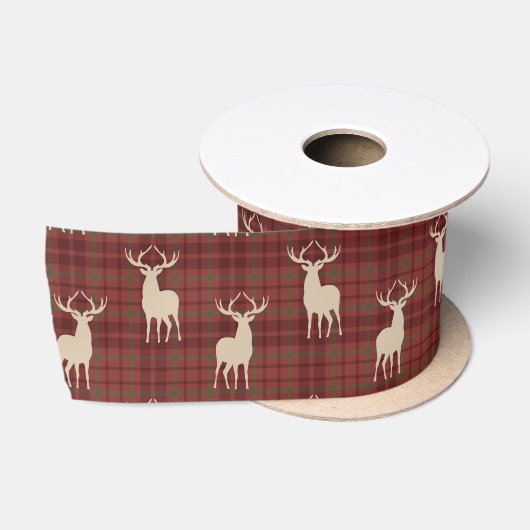 Rustic Christmas Deer Pattern Red Satin Ribbon Lint (Spoel)