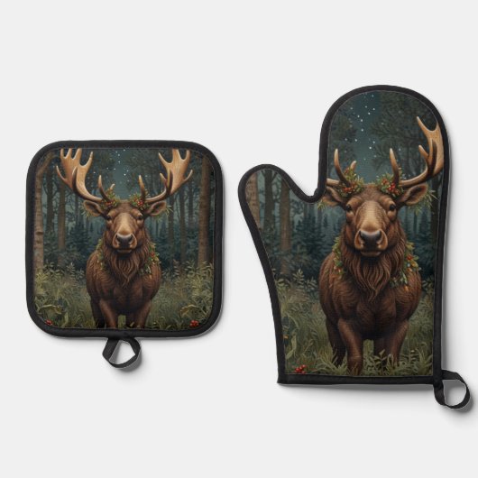 Rustic Christmas moose deer boho woodland forest Ovenwant & Pannenlap Set (Voorkant)