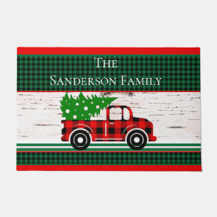 Rustic Christmas Red Truck Green Buffalo Plaid Deurmat