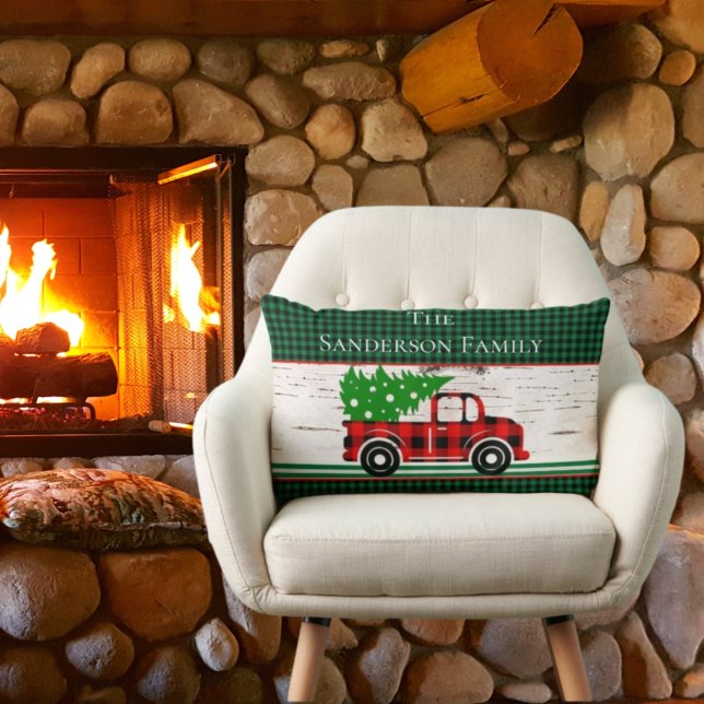 Rustic Christmas Red Truck Green Buffalo Plaid Kussen (Creator heeft geüpload)
