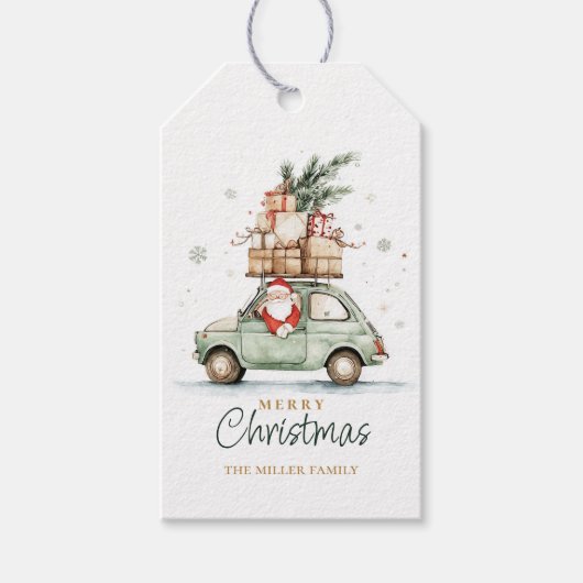 Rustic Christmas Santa Car Watercolor Cadeaulabel (Voorkant)