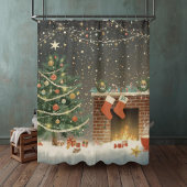 Rustic Christmas Tree and Fireplace Shower Curtain Douchegordijn