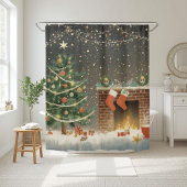Rustic Christmas Tree and Fireplace Shower Curtain Douchegordijn