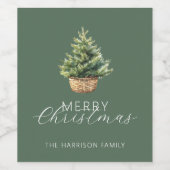 Rustic Christmas Tree In Basket Dusty Green Wijn Etiket (Enkel label)