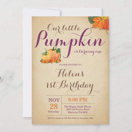 Rustic Citrouille Invitation Anniversaire Premier  (Devant)