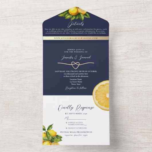 Rustic Citrus Lemon Wedding All In One Uitnodiging (Binnen)