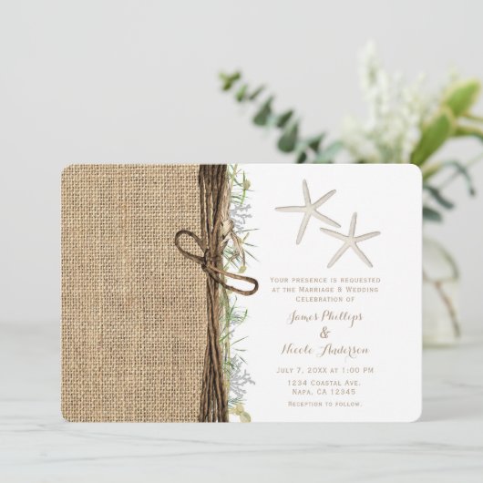 Rustic Coastal Beach Starfish Burlap & Greenery Kaart (Staand voorkant)