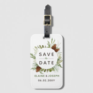 Rustic Conifer Pine cone bruiloft Opslaan Datum Bagagelabel
