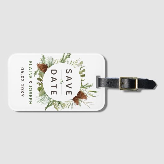 Rustic Conifer Pine cone bruiloft Opslaan Datum Bagagelabel (Voorkant (horizontaal))