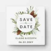 Rustic Conifer Pine cone bruiloft Opslaan Datum Fotoplaat (Voorkant)
