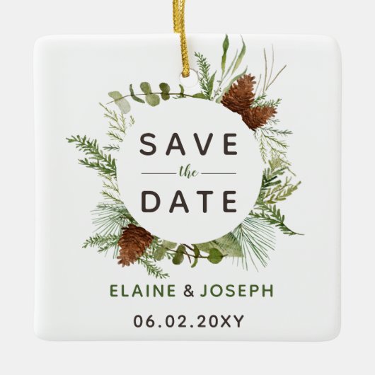 Rustic Conifer pine-kloon slaat de datumfoto op Keramisch Ornament (Voorkant)