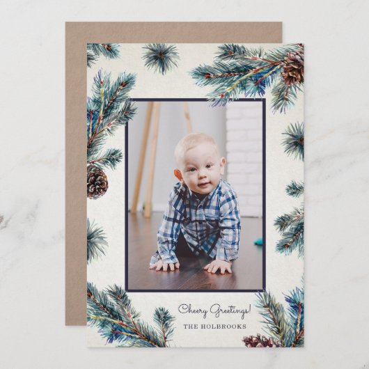 Rustic Conifer Waterverf Pinecones Foto Feestdagenkaart (Voorkant / Achterkant)