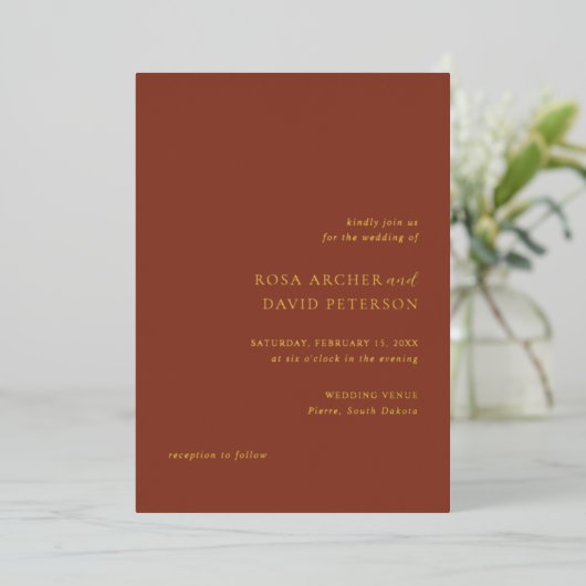 Rustic Copper Editorial Modern Wedding Folie Uitnodiging (Staand Voorkant)