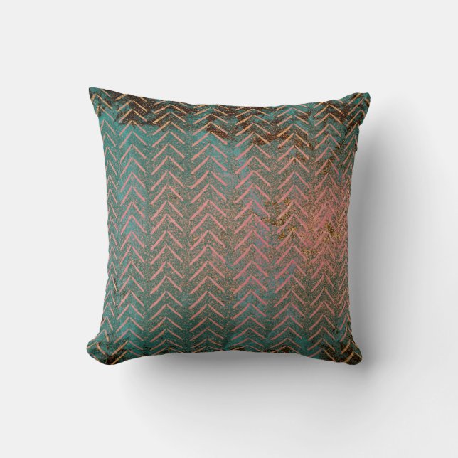 Rustic Copper en Blauwgroen Marble Chevron Kussen (Voorkant)