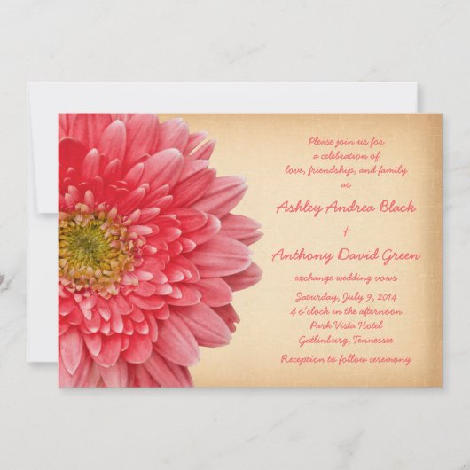 Rustic Coral Gerbera Daisy Wedding Invitation Kaart (Voorkant)